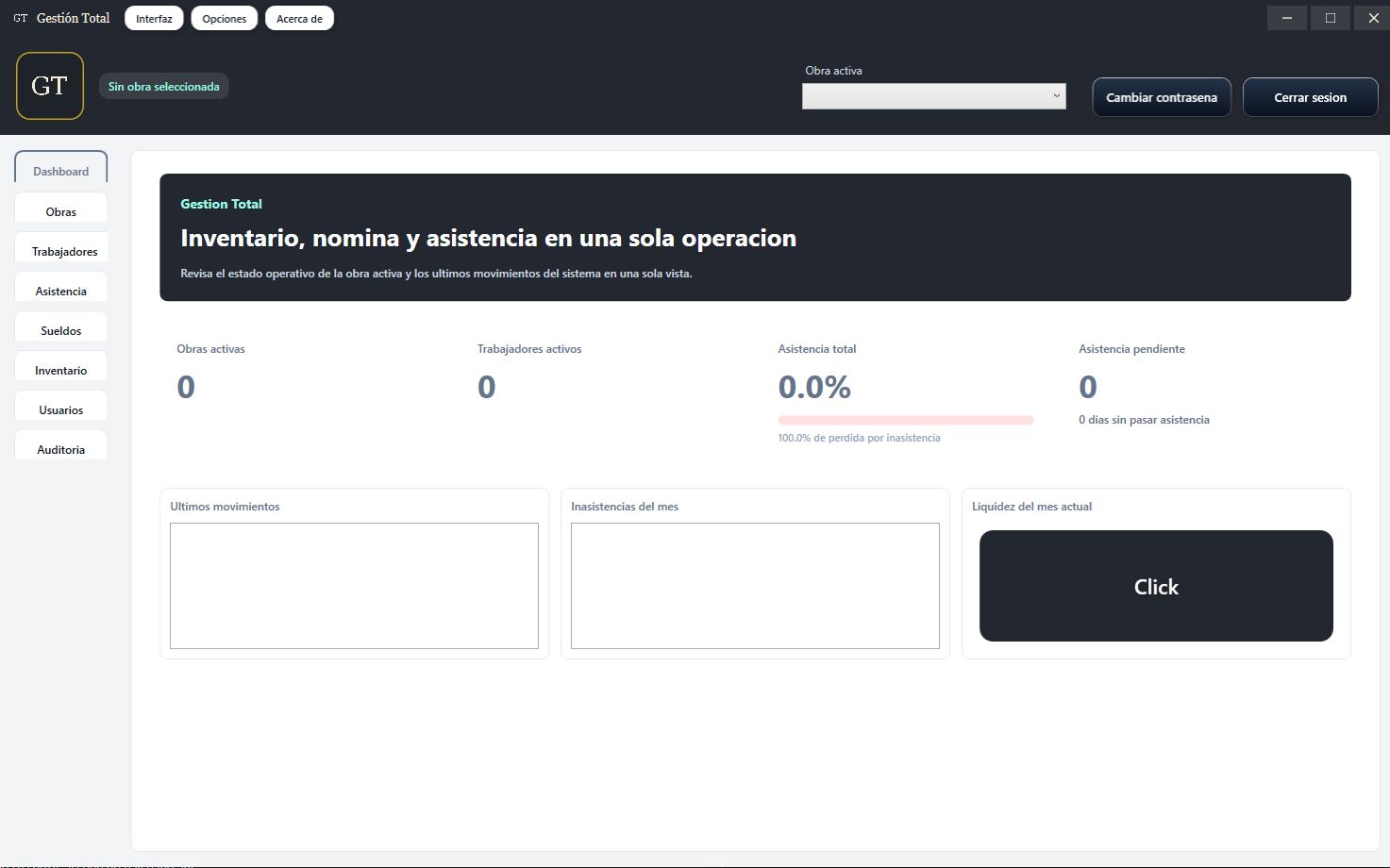 Dashboard de Gestión Total con resumen de obras, asistencia y sueldos