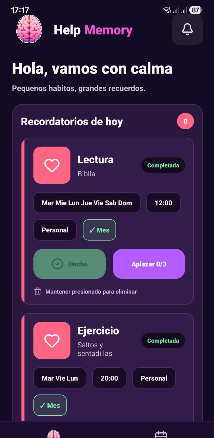 Pantalla principal de Help Memory con recordatorios de hoy